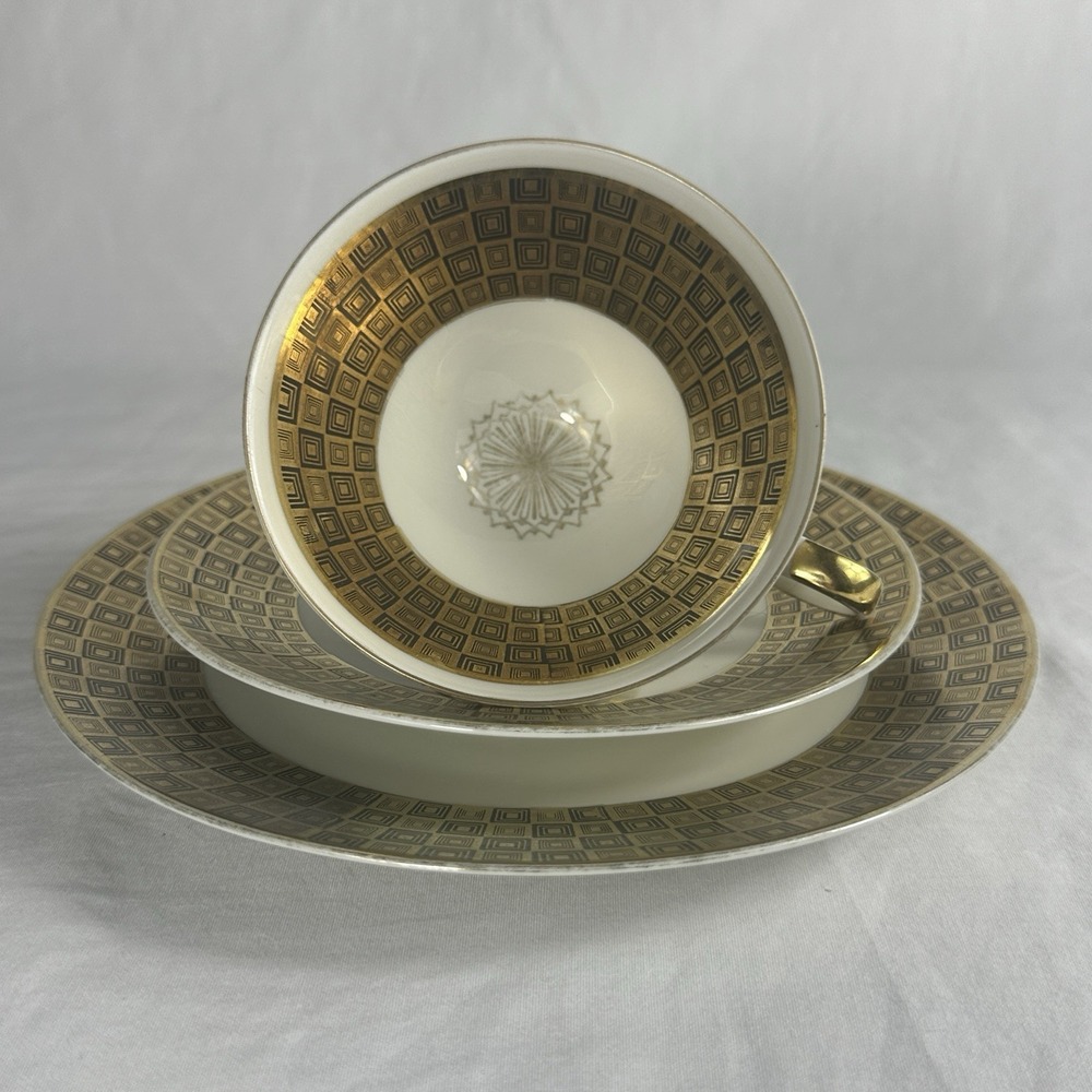 Winterling Bavaria Germany Trio Set Teacup Saucer Plate Gold Black Geometric MCM
